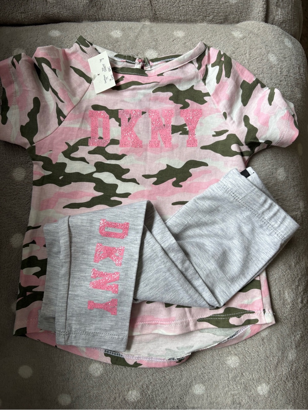 DKNY Pink & Olive Camo Top with Gray Leggings